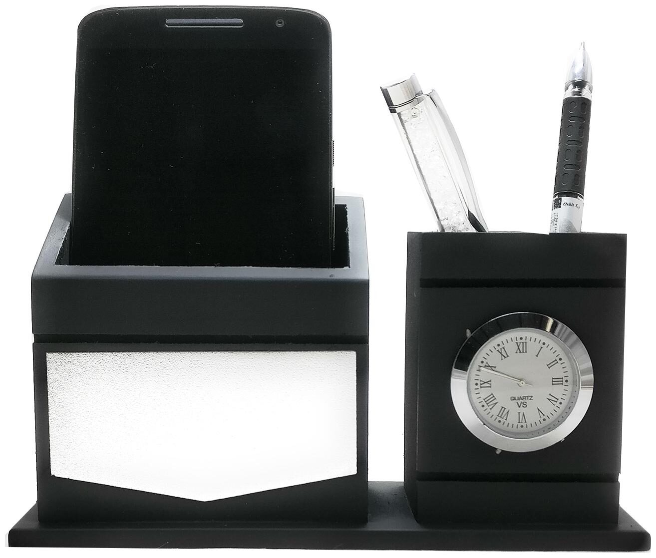 

Wooden Desk Organizer Card Holder Table Clock and Mobile Stand