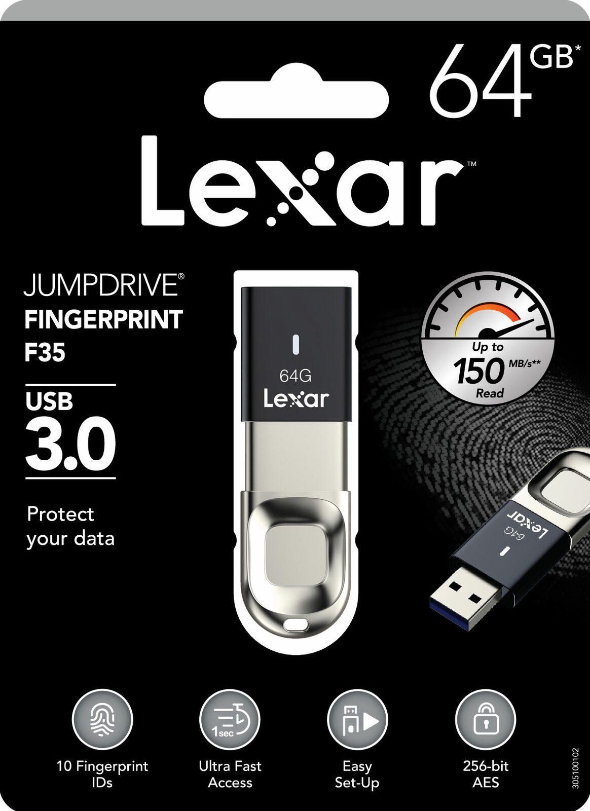 

Lexar JumpDrive Fingerprint F35 64GB USB 3 0 Flash USB Drive 150MB s Black