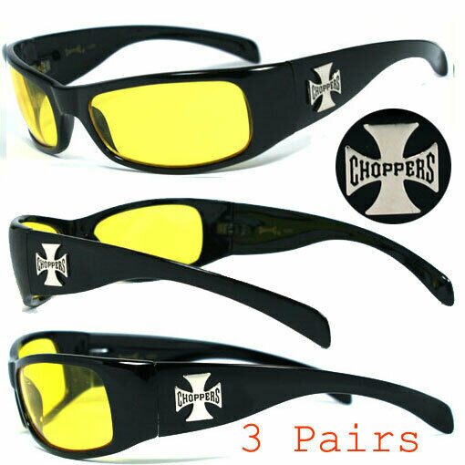 

1 or 3 Pair Choppers Motorcycle Biker Riding Wrap Sunglasses SHINY BLACK FRAME
