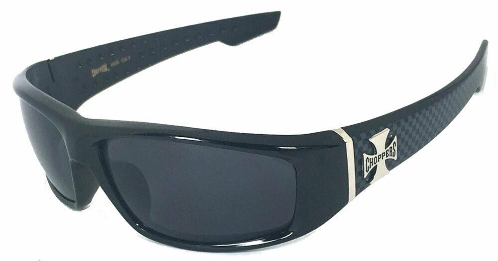 

Choppers Mens Motorcycle Sunglasses Shiny Black Frame Checkers Temple Smoke Lens