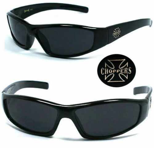 

Choppers Mens UV400 Sunglasses Free Pouch - Shiny Black Super Dark Lens C29