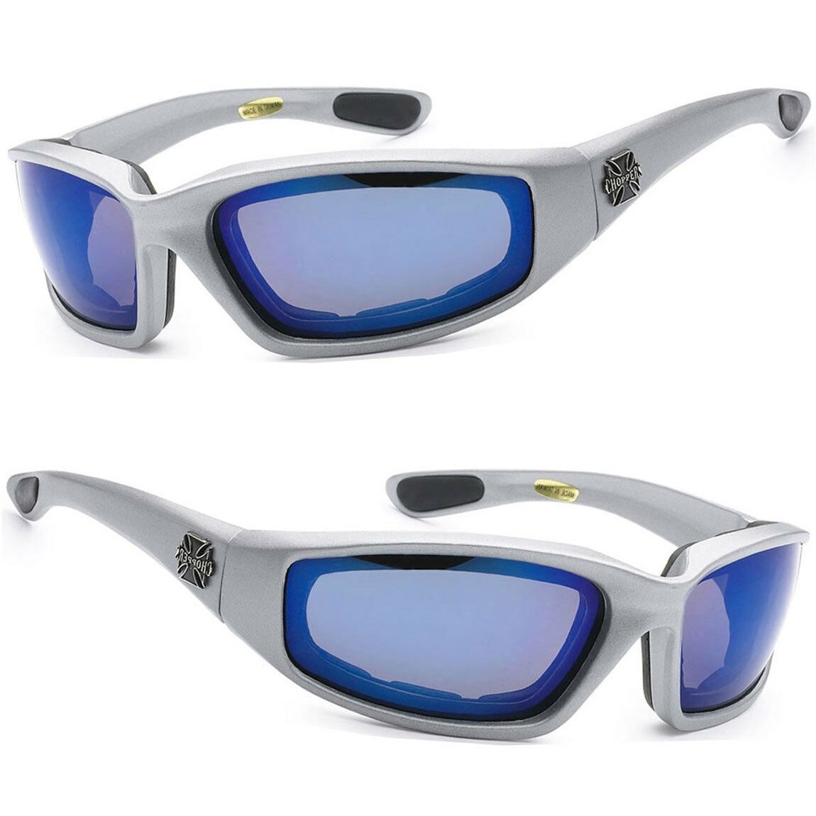 

Choppers Wind Resistant Foam Padded Biker Sunglasses Silver Frame Blue Lens C17