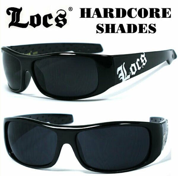 

LOCS Cholo OC Style Motorcycle Biker Shades Sunglasses - Shiny Black White Logo
