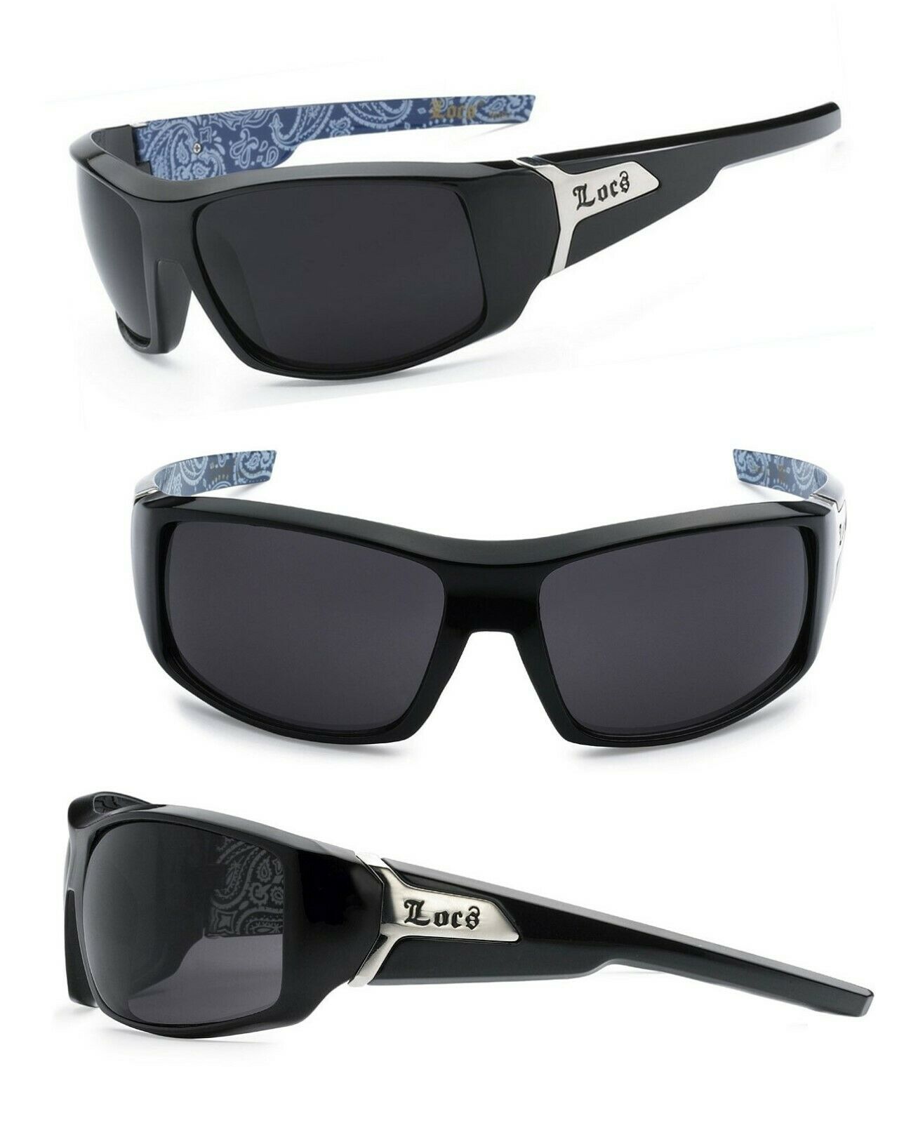 

Locs Men Cholo Biker UV400 Sunglasses - Shiny Black Frame Black Lens - Blue BDNA