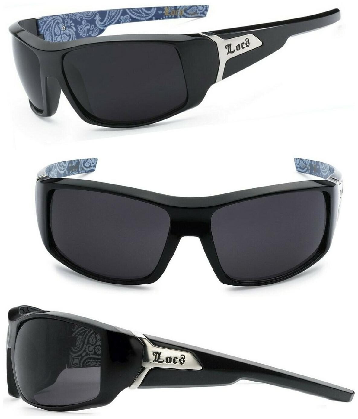 

Locs Men Cholo Biker Sunglasses - Shiny Black Frame Black Lens Blue BDNA LC76