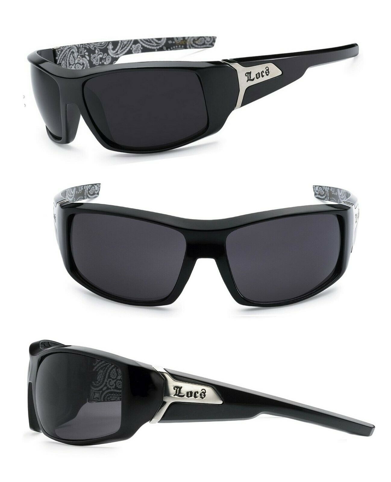 

Locs Mens Cholo UV400 Biker Sunglasses - Shiny Black Frame Smoke Lens LC76