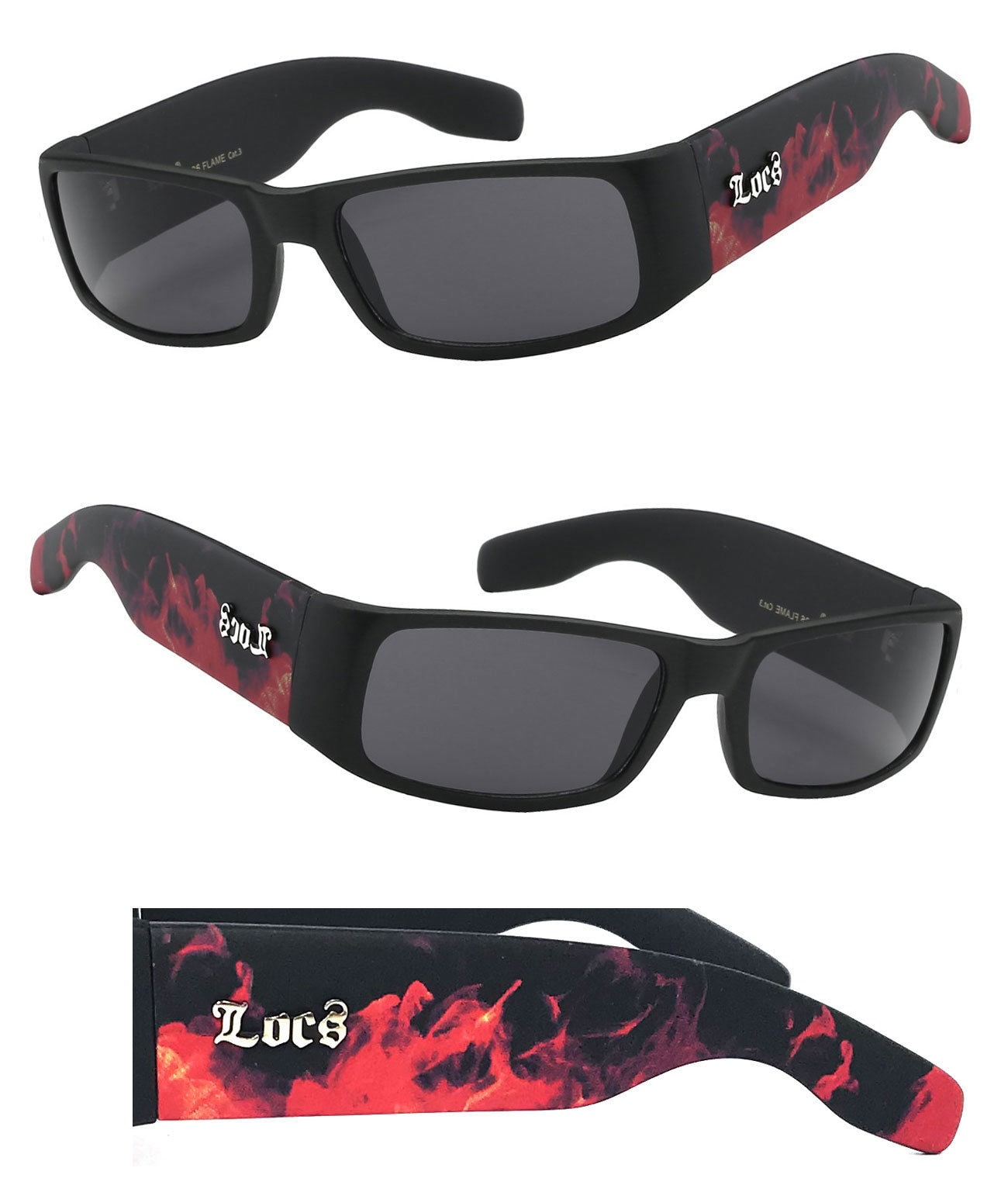 

Mens OG Locs Rectangular Gangster Cholo Sunglasses Thick Arm Flame Pattern