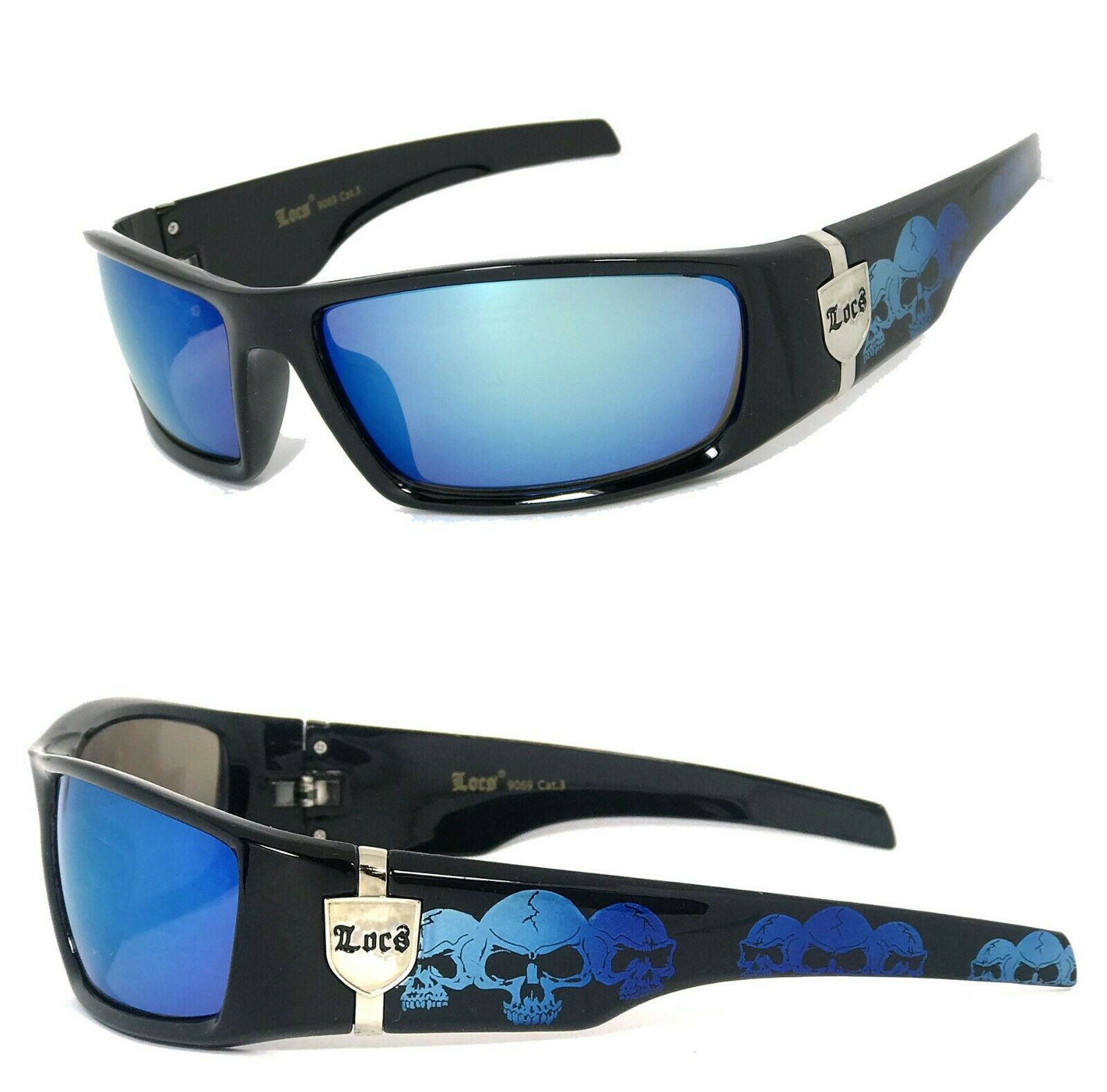 

Mens OG Locs Authentic Wrap Gangster Cholo Sunglasses Blue Flash Lens Skull Arms