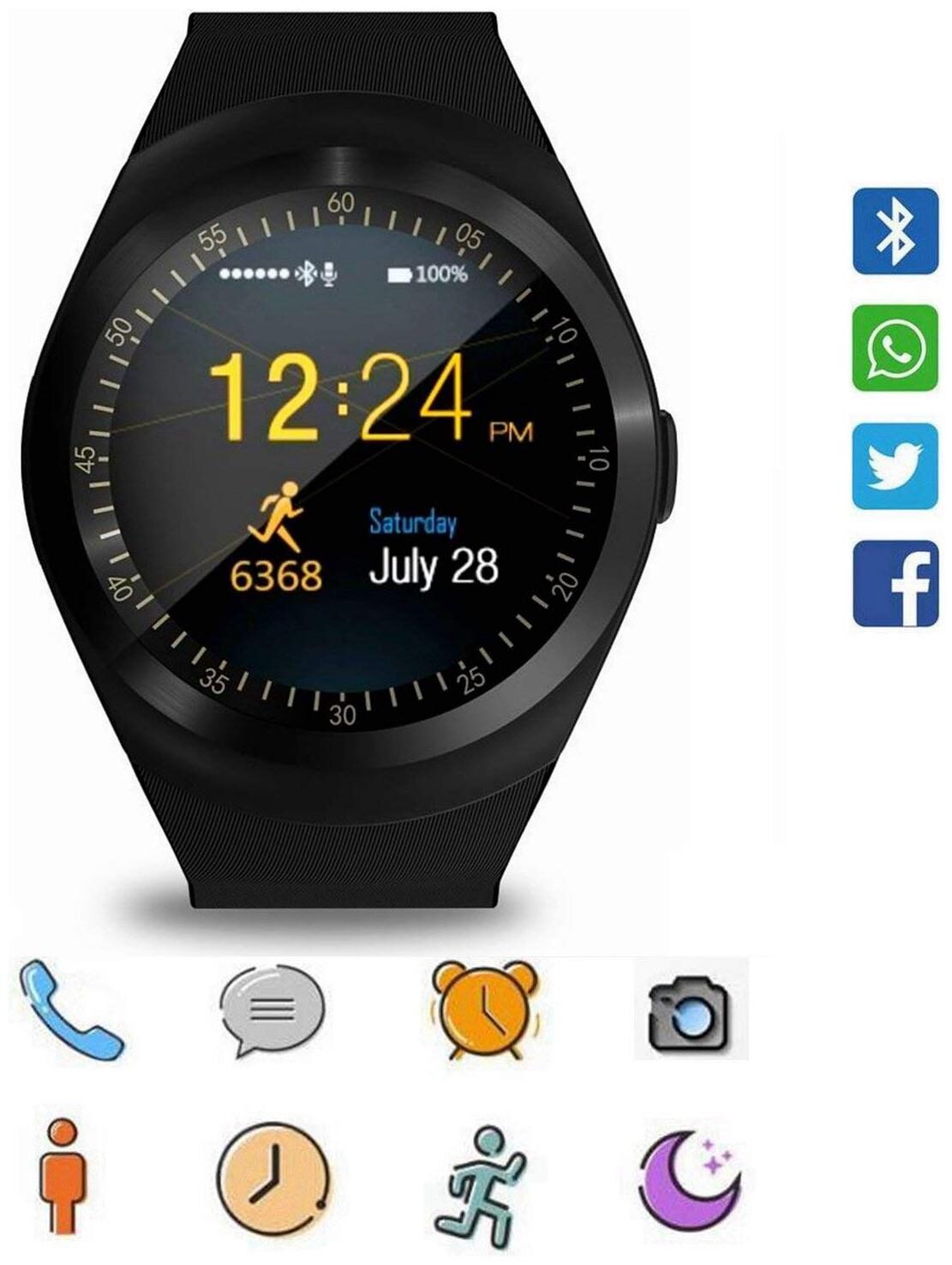 

1 Round Smartwatch Touch Screen Support Micro SIM Card with Bluetooth Camera Sleep Monitor Outdoor Fitness for iOS Android (Black)