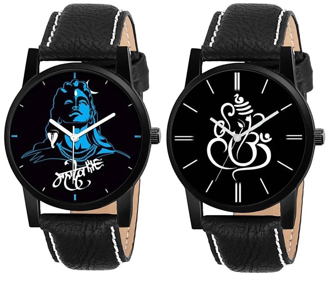 Apx combo of 2 god mahadev & ganesh new stylish black leather belt watch for boys & men