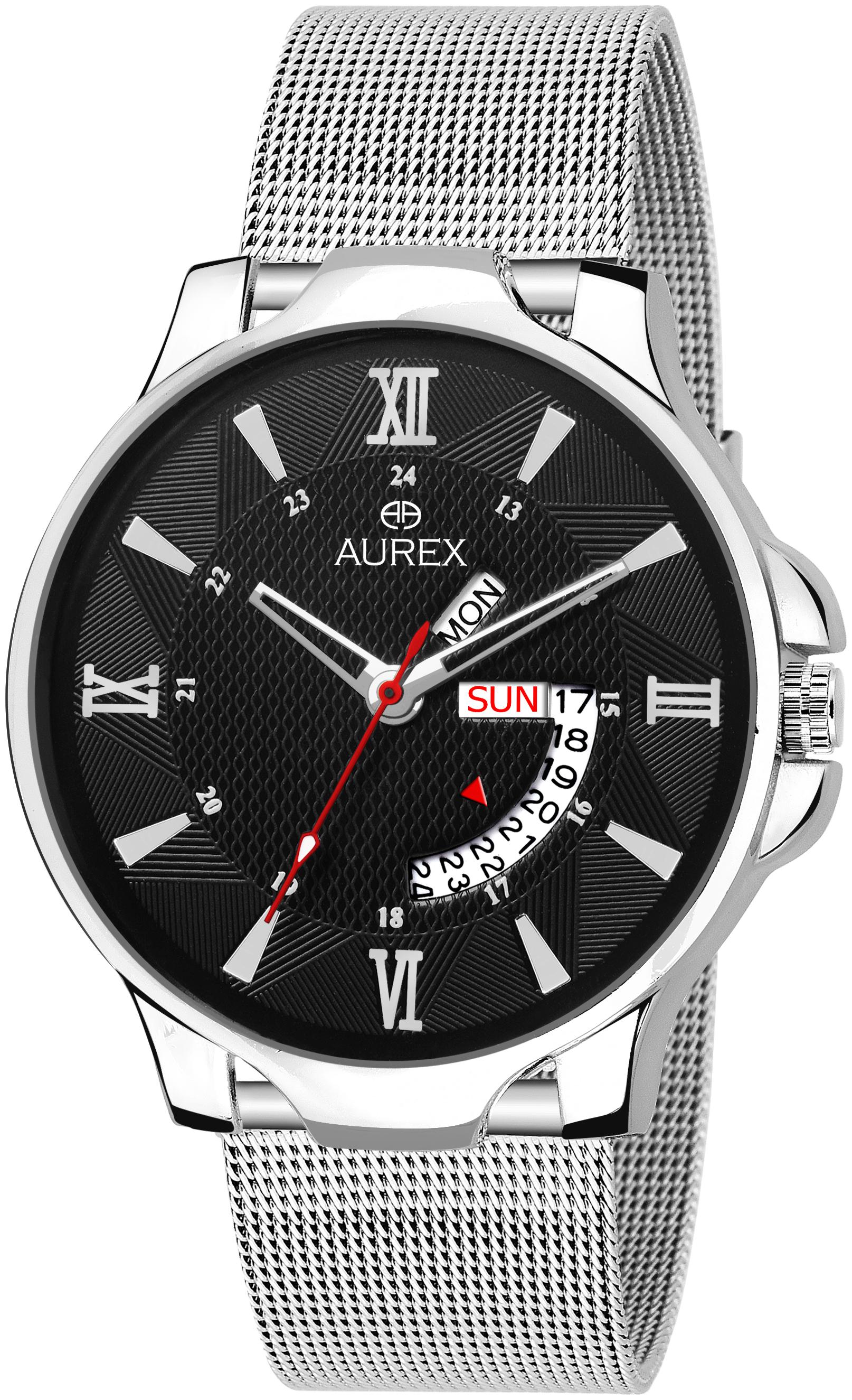 

Aurex Analouge Black Dial Day Date Resistant Silver Color Strap Watches For Mens Boys (AX-GR152-BKC)