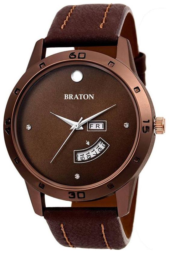 

Braton BT1962SL05 New Generation Brown Dial Brown Leather Strap Day Date Working Wrist Watch - For Men