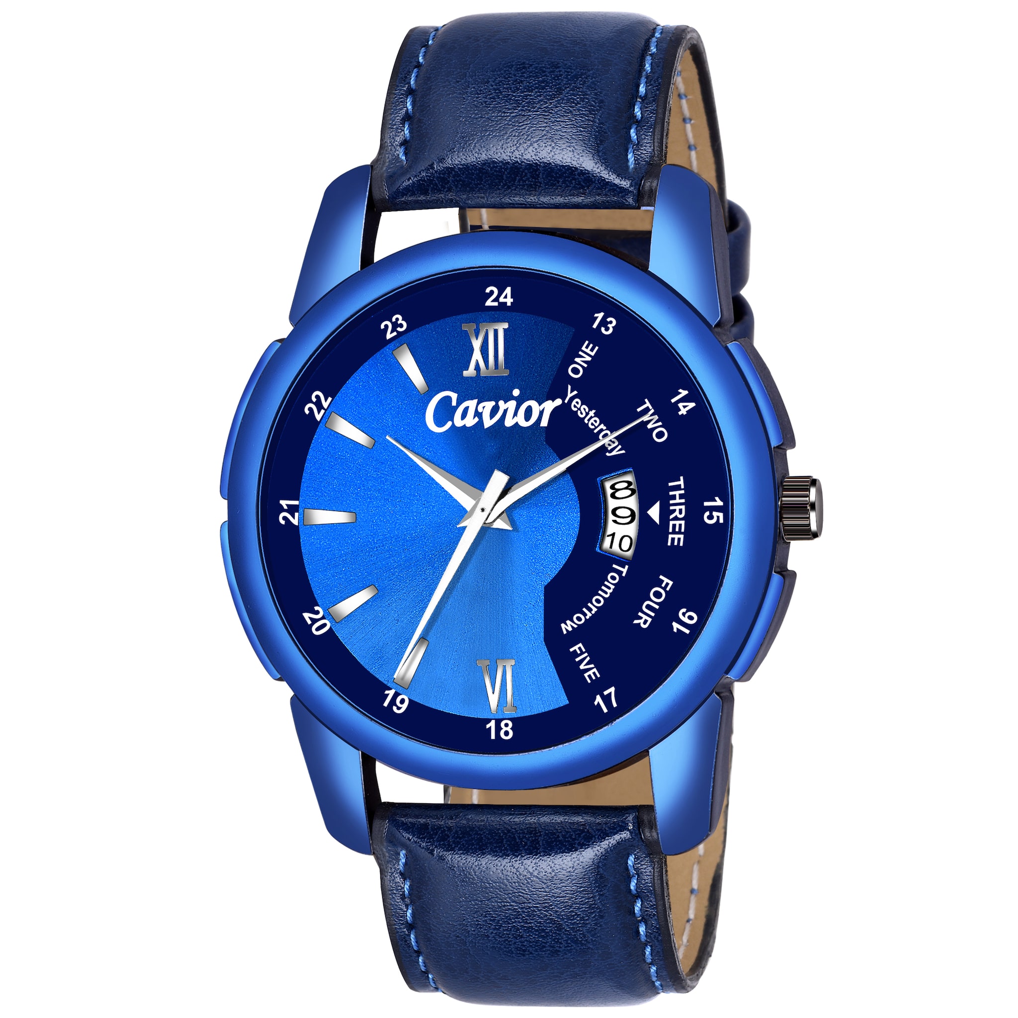 

Cavior All Blue Day Date Dial With Exclusive Leather Strap Watch For Mens Boys