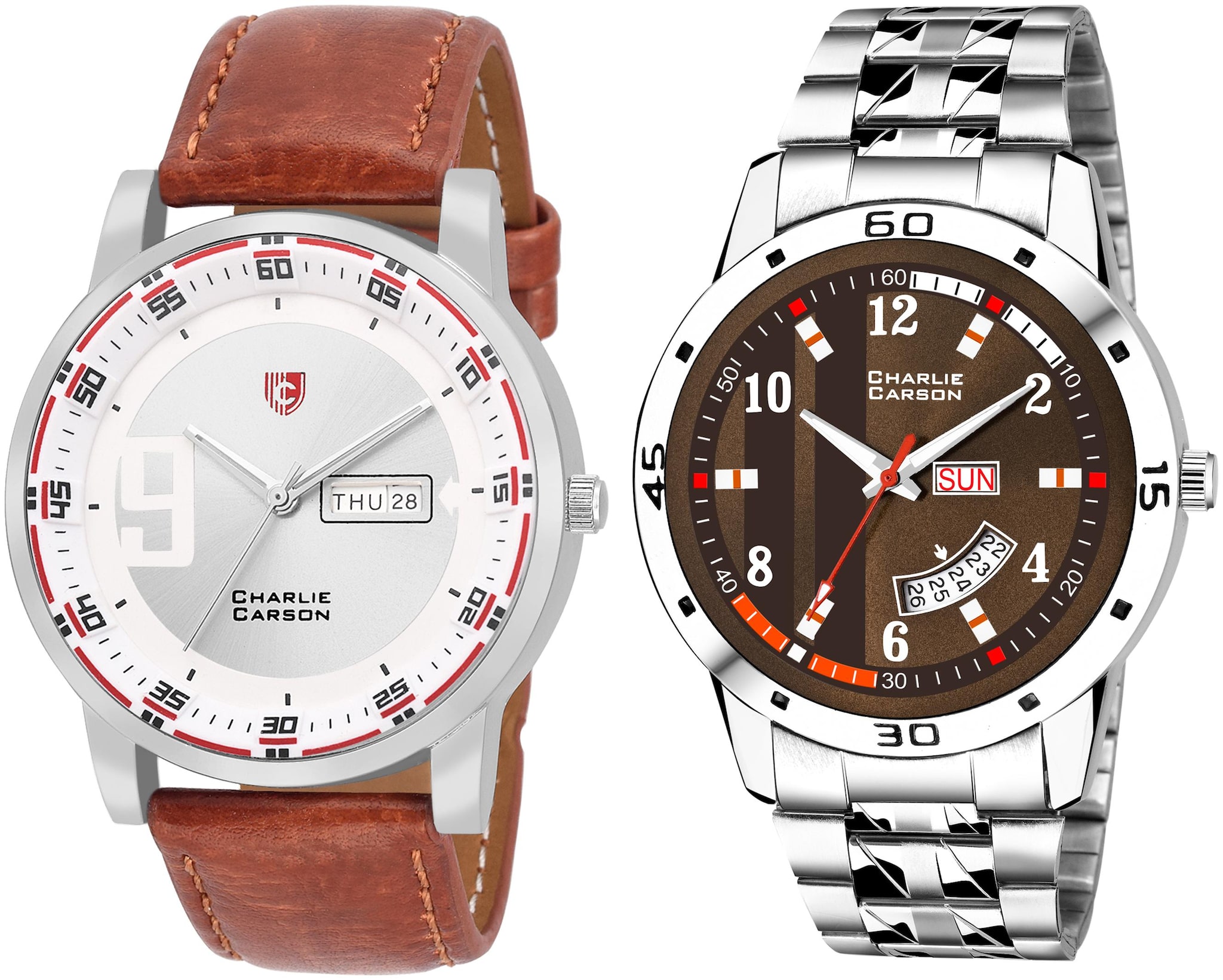 

Charlie Carson day date combo set of 2 Stainless Steel and leather strap watch for men-CC377MMC