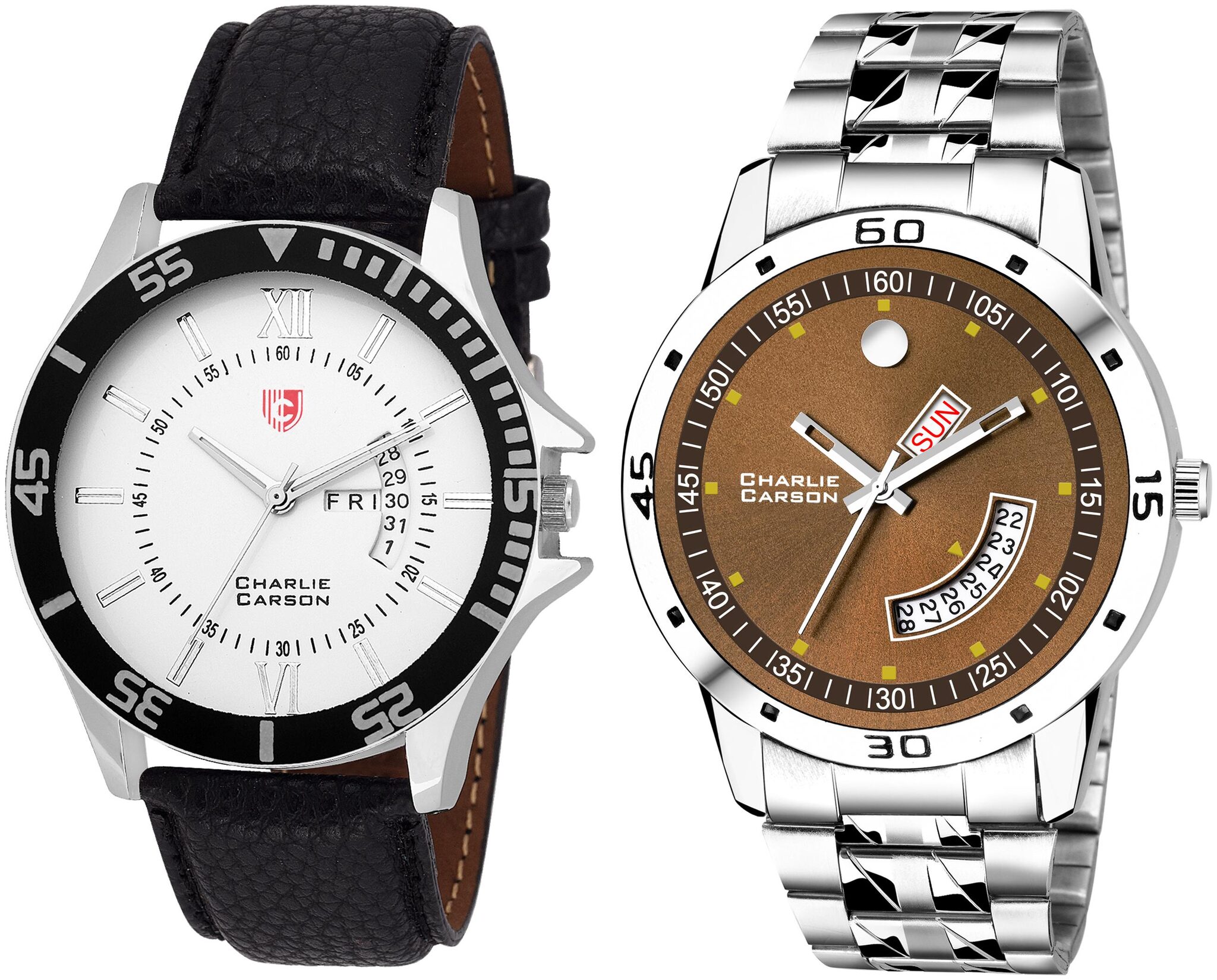 

Charlie Carson day date combo set of 2 Stainless Steel and leather strap watch for men-CC414MMC