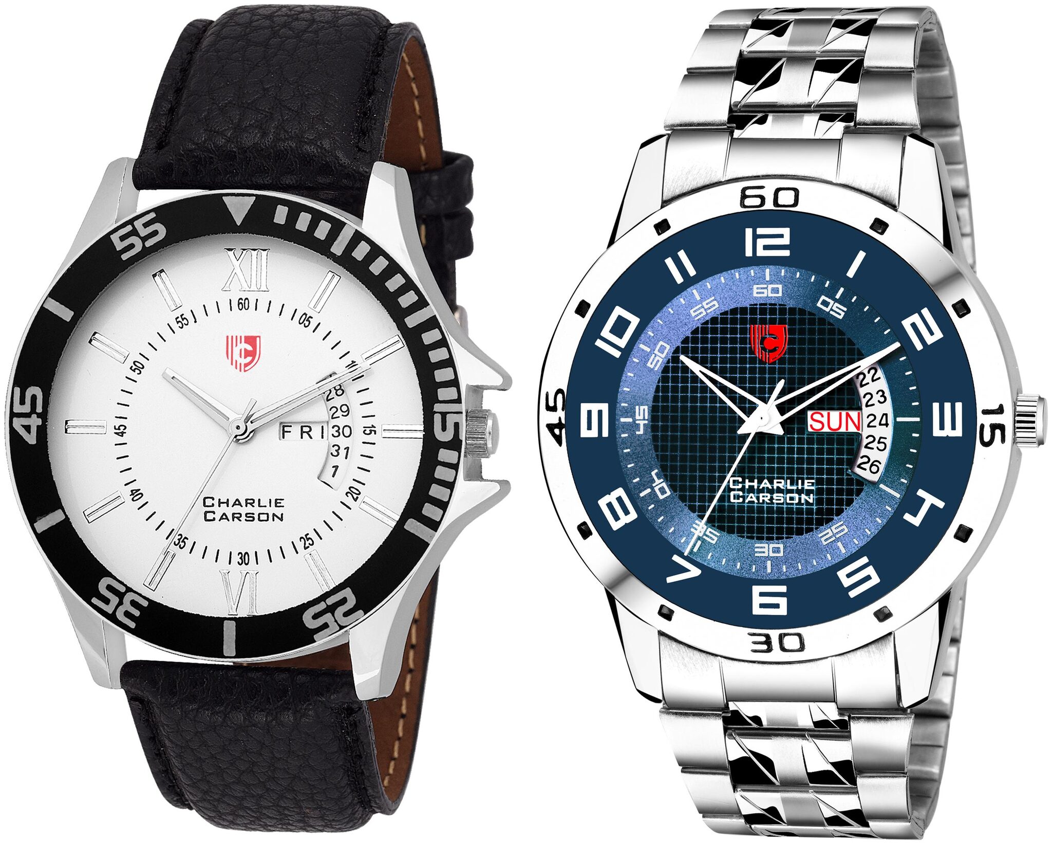 

Charlie Carson day date combo set of 2 Stainless Steel and leather strap watch for men-CC408MMC