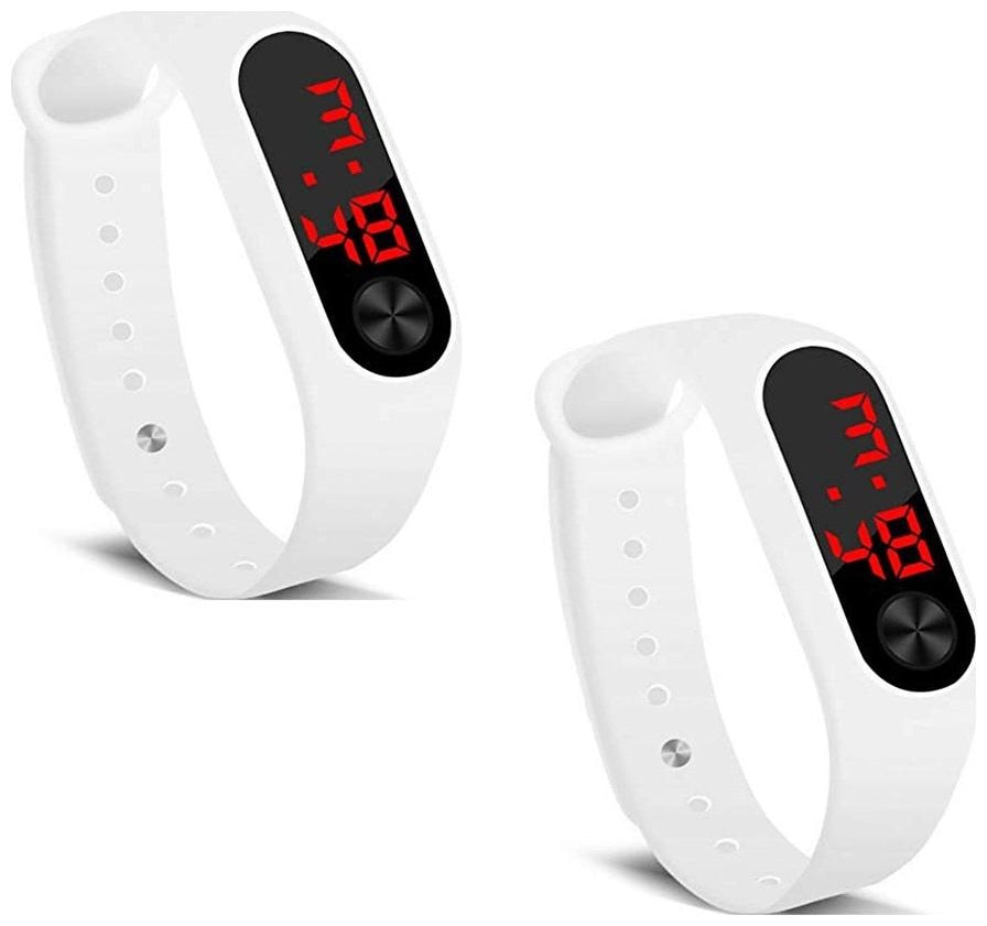

De-Ultimate (Set Of 2) Boy s Girls Red Led Black Dial Rectangular Shape Casual Thin Straps Silicone Bracelet Digital Watch Wrist Band (White Color)