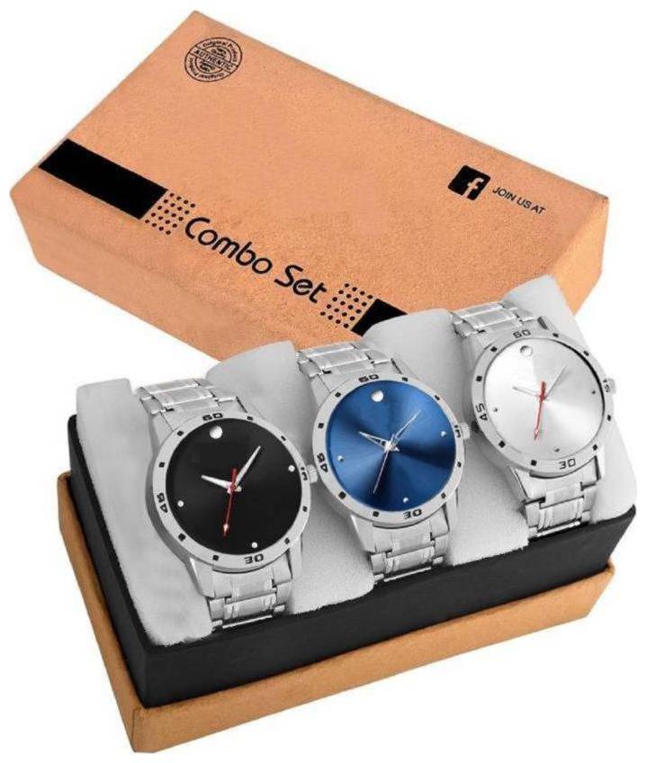 

GenZ GENZ-CO3-SS-MOVA-BLU-BLA-WHI Stainless steel Analog stylish Gifting Combo watch for Men