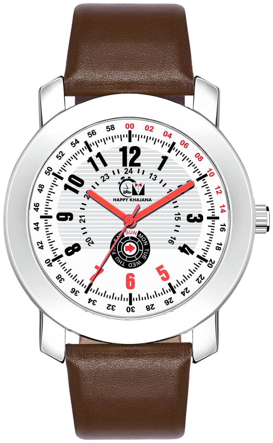 

Happy Khajana Analogue Brown Leather Strap And White Dial With Red And Black Shade Watch Men