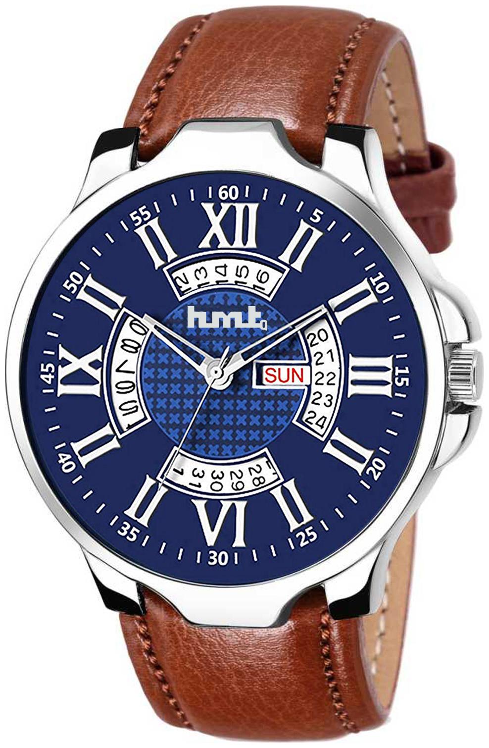 

Hmtq Blue Round Dial Day Date Functioning Watches For Men Boys Hmtq-583