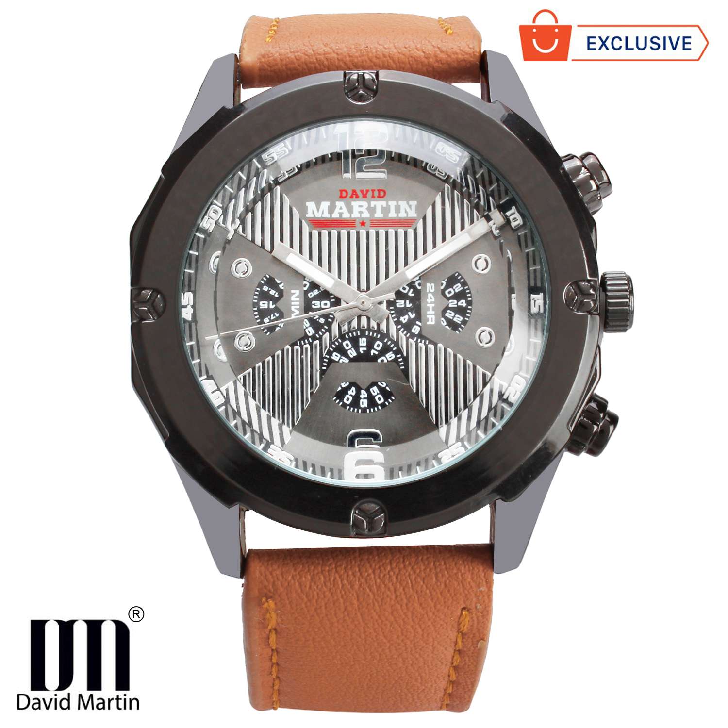 Imported PREMIUM Dome Glass;Dummy Chorograph;Round Grey Dial Leather Analog Watch for Men