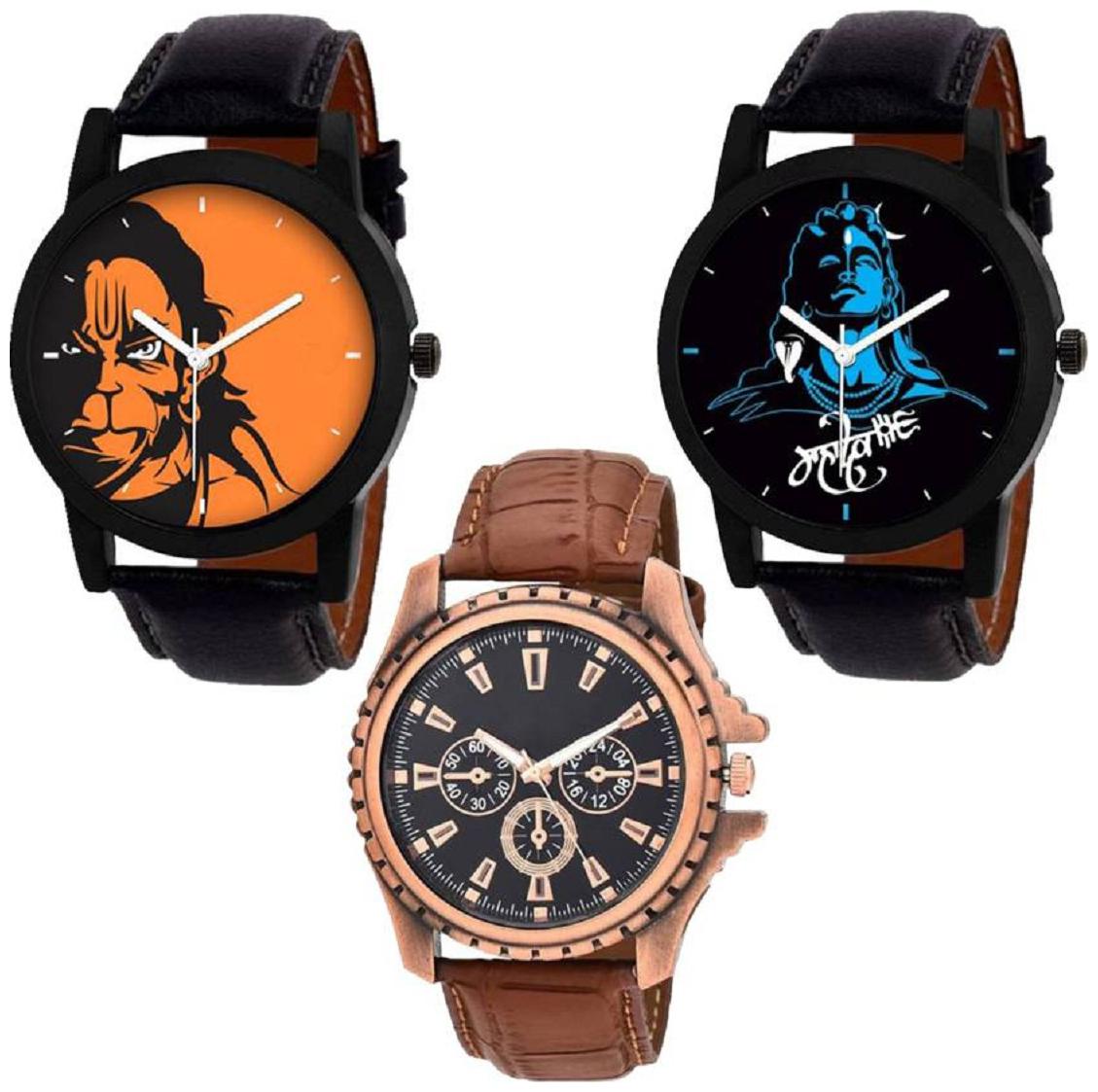 

K U Pack 3 New Stylish Designer Leather Belt Watch For Boys