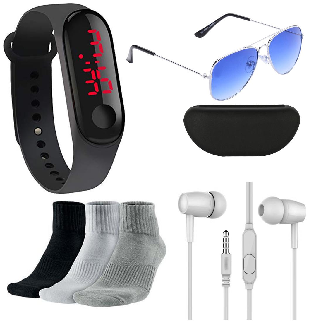 

LED Digital Watch with Free Sunglasses 3 Pair Sports Socks Ear Phone
