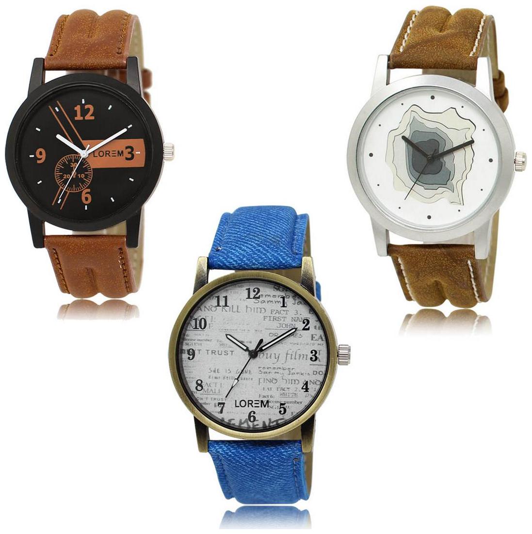 

LOREM LK-01-09-28 Multi Color New Stylish Precious Design Pack of 3 Men watches