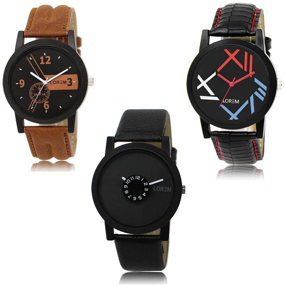 

LOREM LK-01-12-25 Black Color New Stylish Precious Design Pack of 3 Men watches