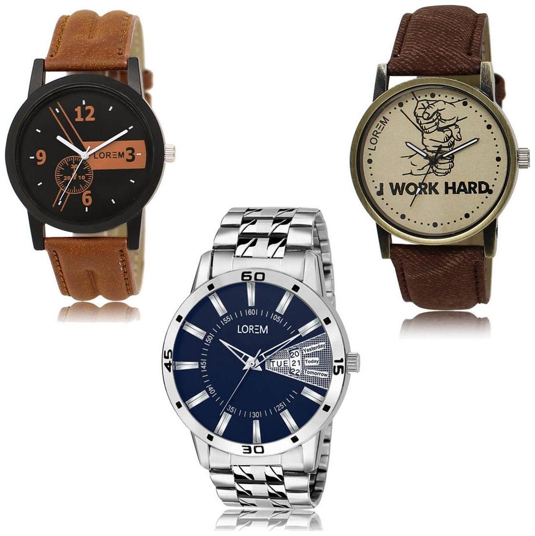 

LOREM LK-01-29-102 Day Date Function New Stylish Precious Design Pack of 3 Men watches