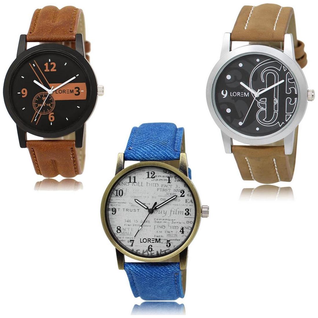 

LOREM LK-01-14-28 Multi Color New Stylish Precious Design Pack of 3 Men watches