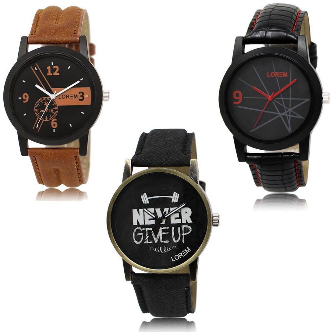 

LOREM LK-01-08-27 Black Color New Stylish Precious Design Pack of 3 Men watches