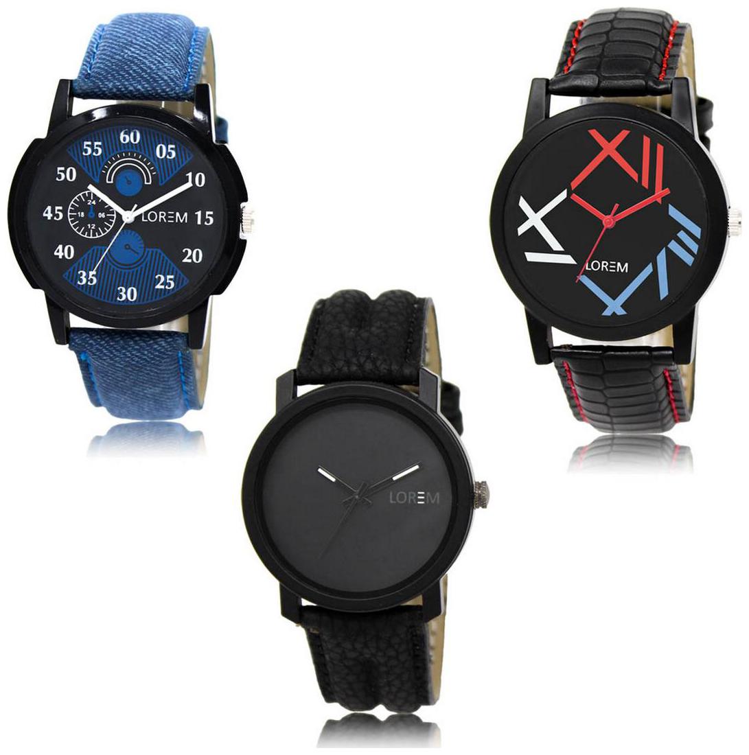 

LOREM LK-02-12-21 Black Color New Stylish Precious Design Pack of 3 Men watches