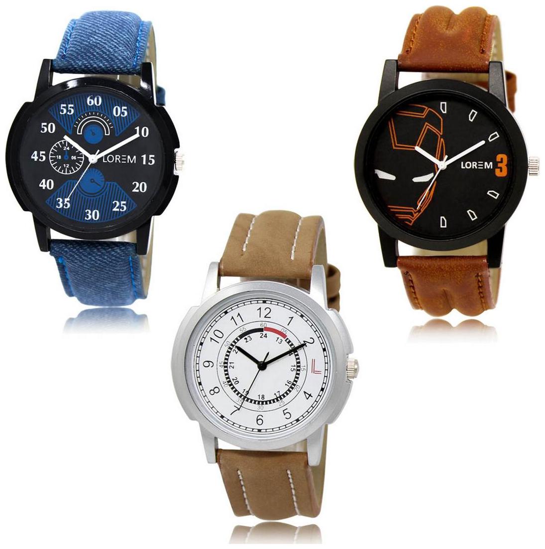 

LOREM LK-02-04-17 Multi Color New Stylish Precious Design Pack of 3 Men watches