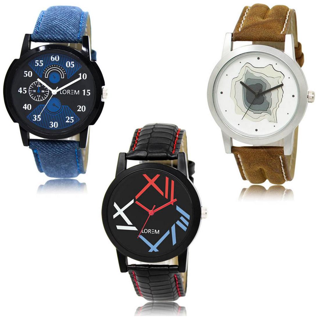 

LOREM LK-02-09-12 Multi Color New Stylish Precious Design Pack of 3 Men watches