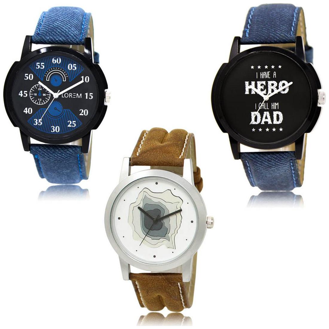 

LOREM LK-02-07-09 Multi Color New Stylish Precious Design Pack of 3 Men watches