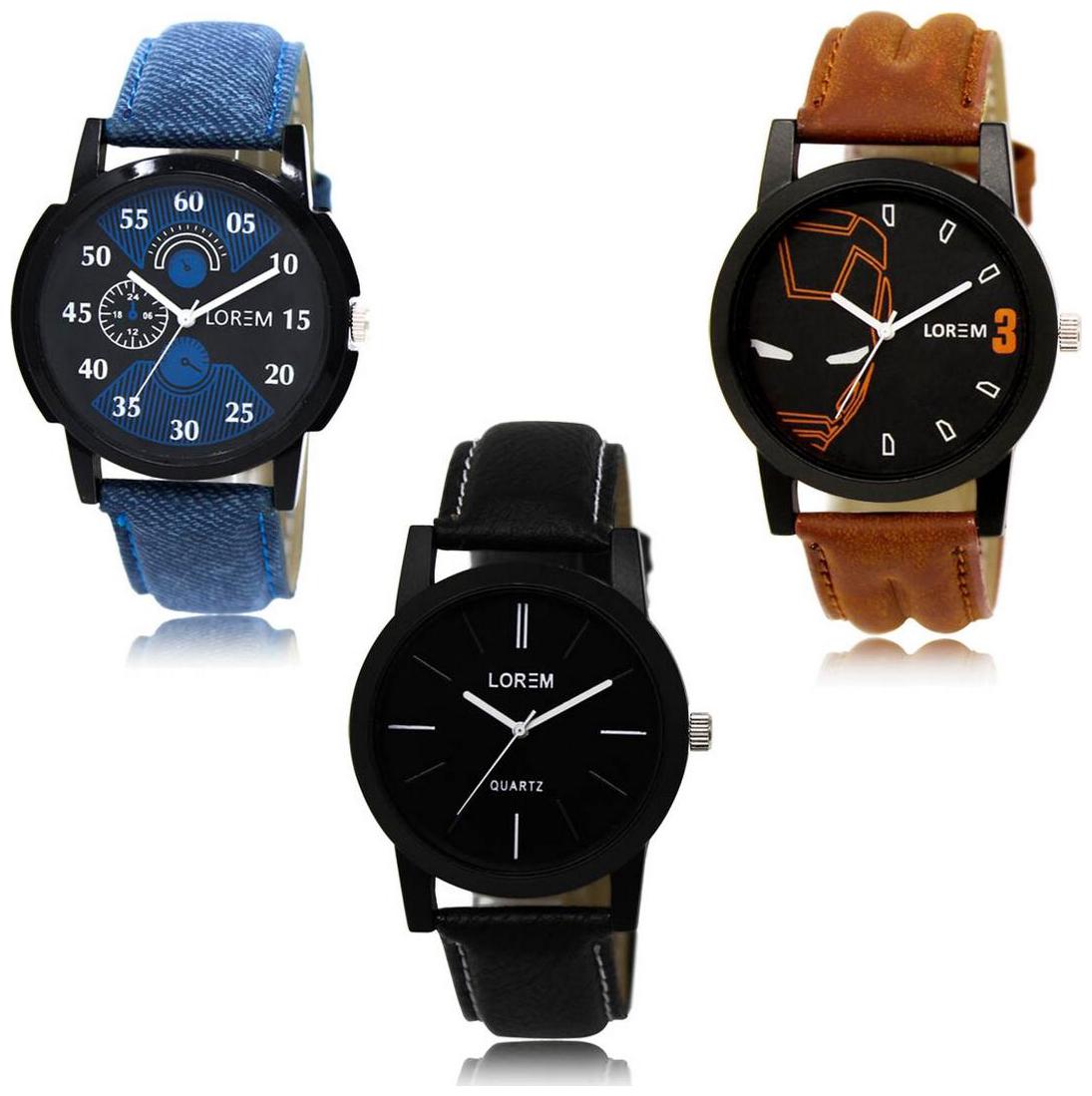 

LOREM LK-02-04-05 Multi Color New Stylish Precious Design Pack of 3 Men watches
