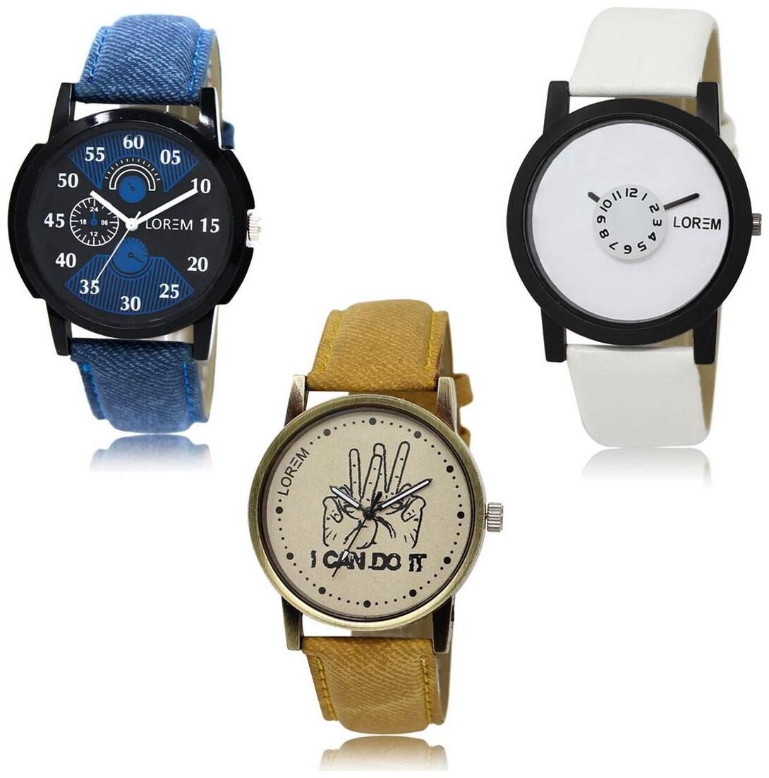 

LOREM LK-02-26-30 Multi Color New Stylish Precious Design Pack of 3 Men watches