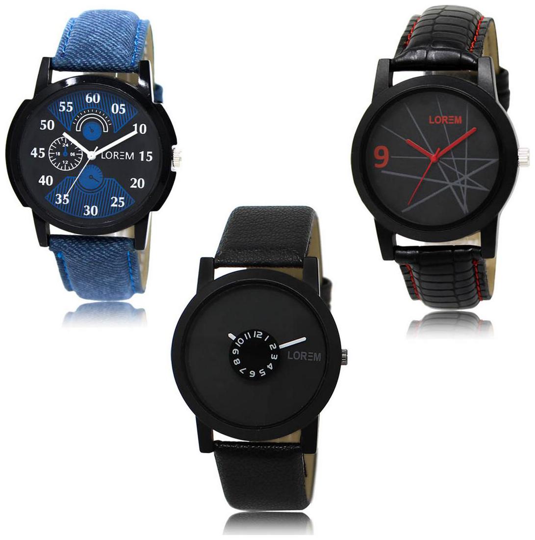 

LOREM LK-02-08-25 Black Color New Stylish Precious Design Pack of 3 Men watches