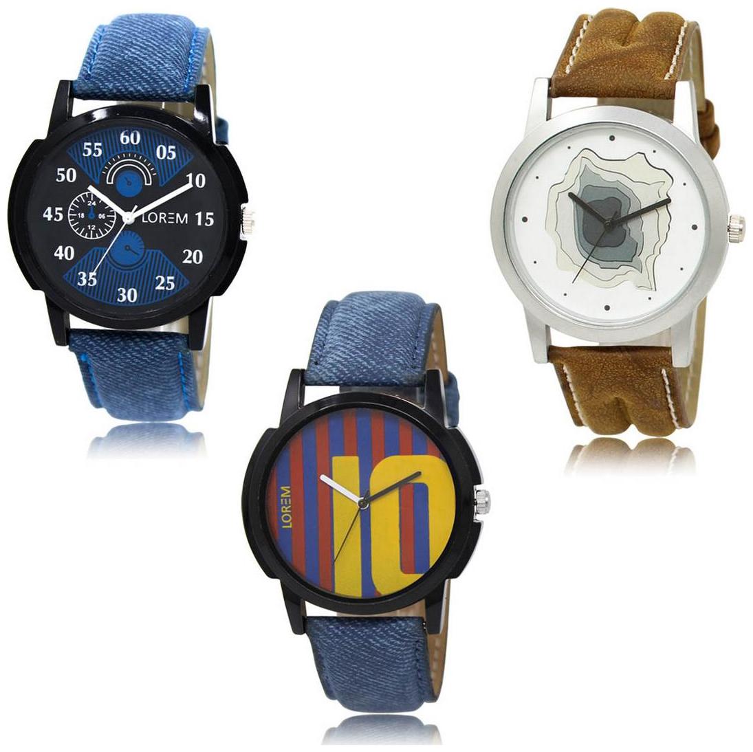 

LOREM LK-02-09-10 Multi Color New Stylish Precious Design Pack of 3 Men watches