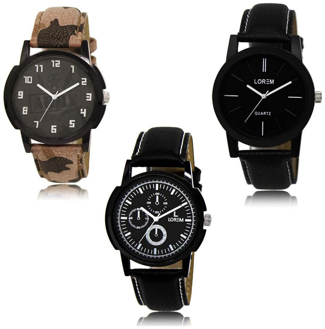 

LOREM LK-03-05-13 Black Color New Stylish Precious Design Pack of 3 Men watches