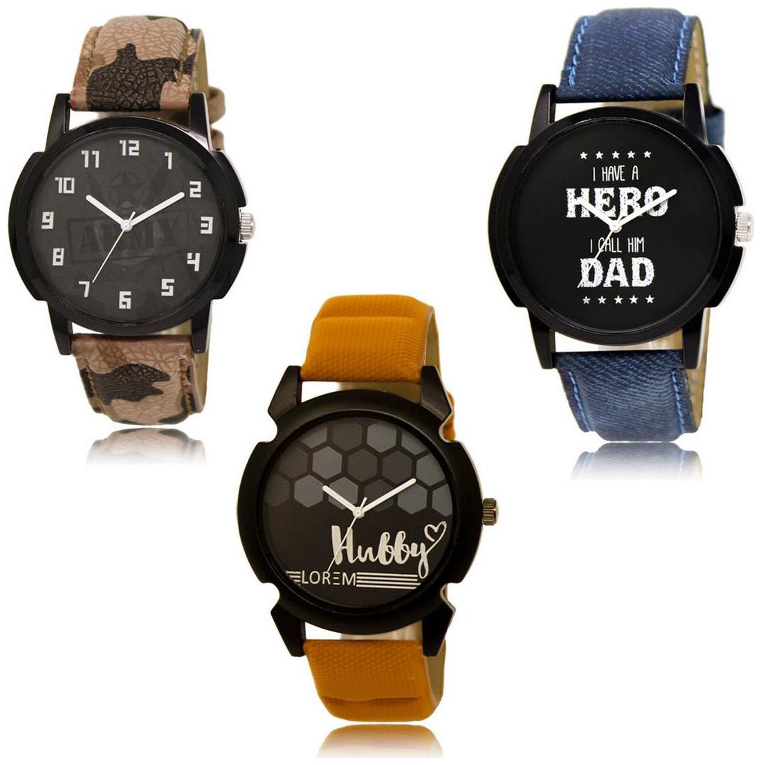 

LOREM LK-03-07-32 Multi Color New Stylish Precious Design Pack of 3 Men watches