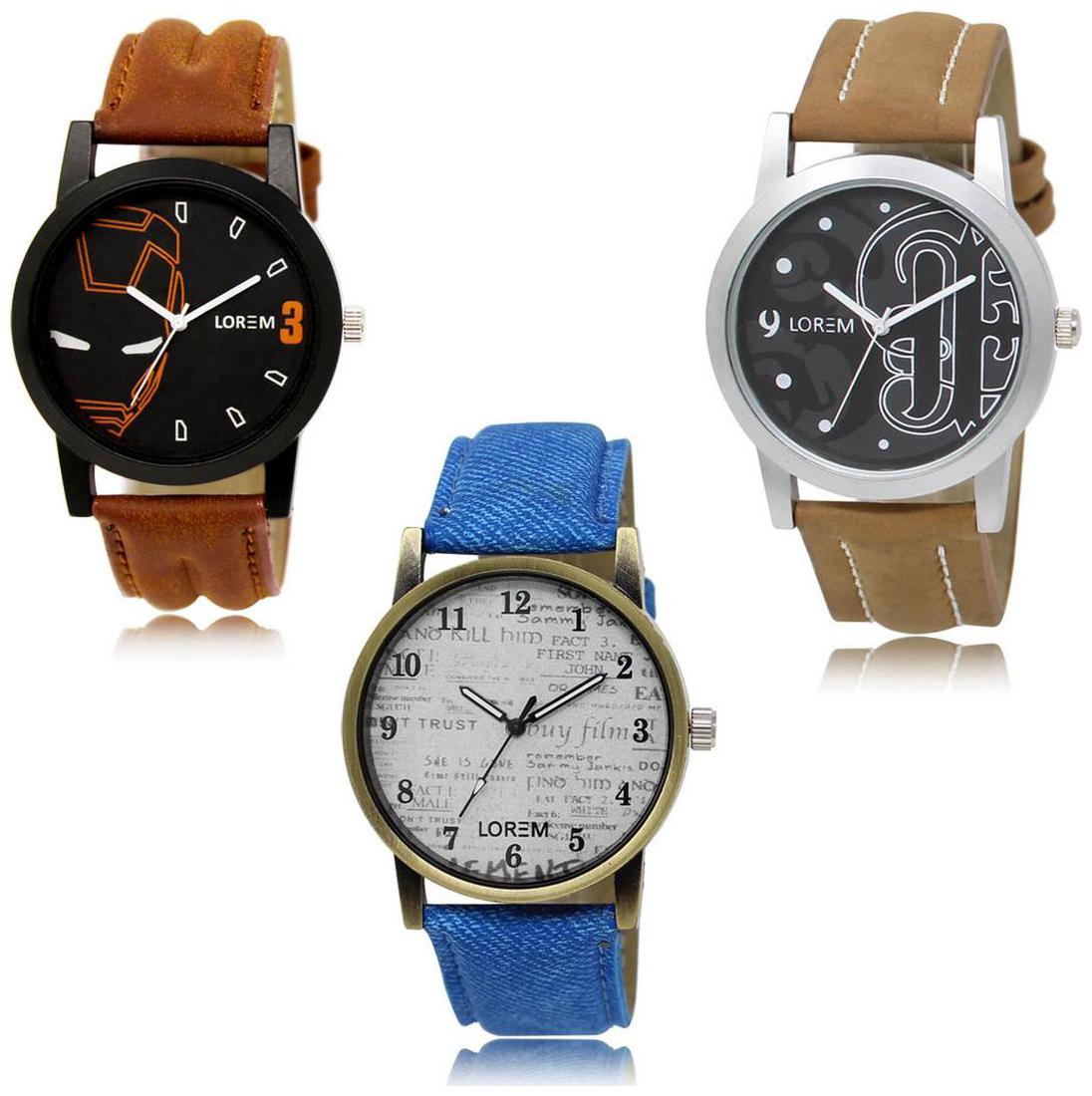 

LOREM LK-04-14-28 Multi Color New Stylish Precious Design Pack of 3 Men watches
