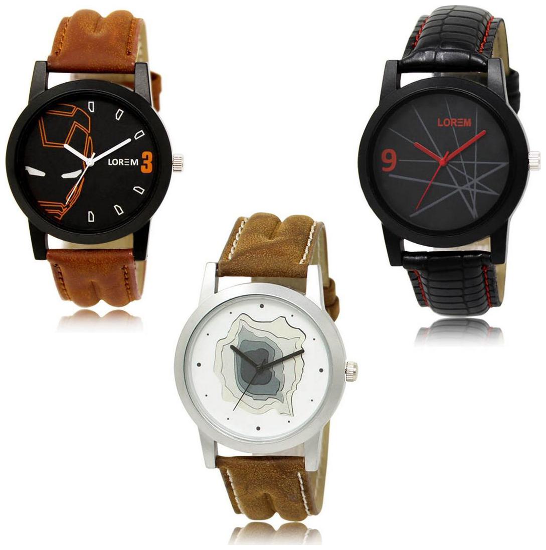 

LOREM LK-04-08-09 Multi Color New Stylish Precious Design Pack of 3 Men watches