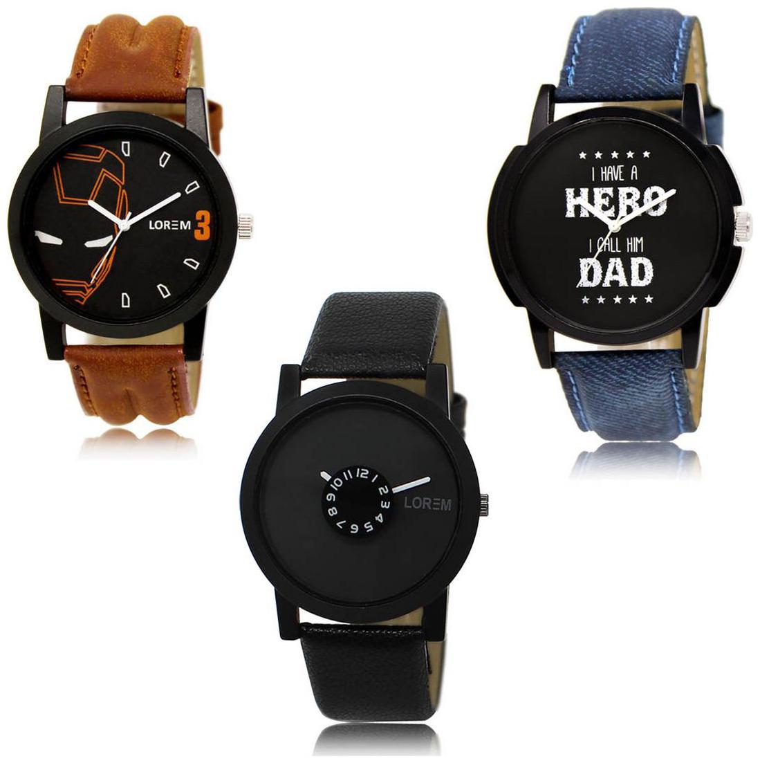 

LOREM LK-04-07-25 Multi Color New Stylish Precious Design Pack of 3 Men watches
