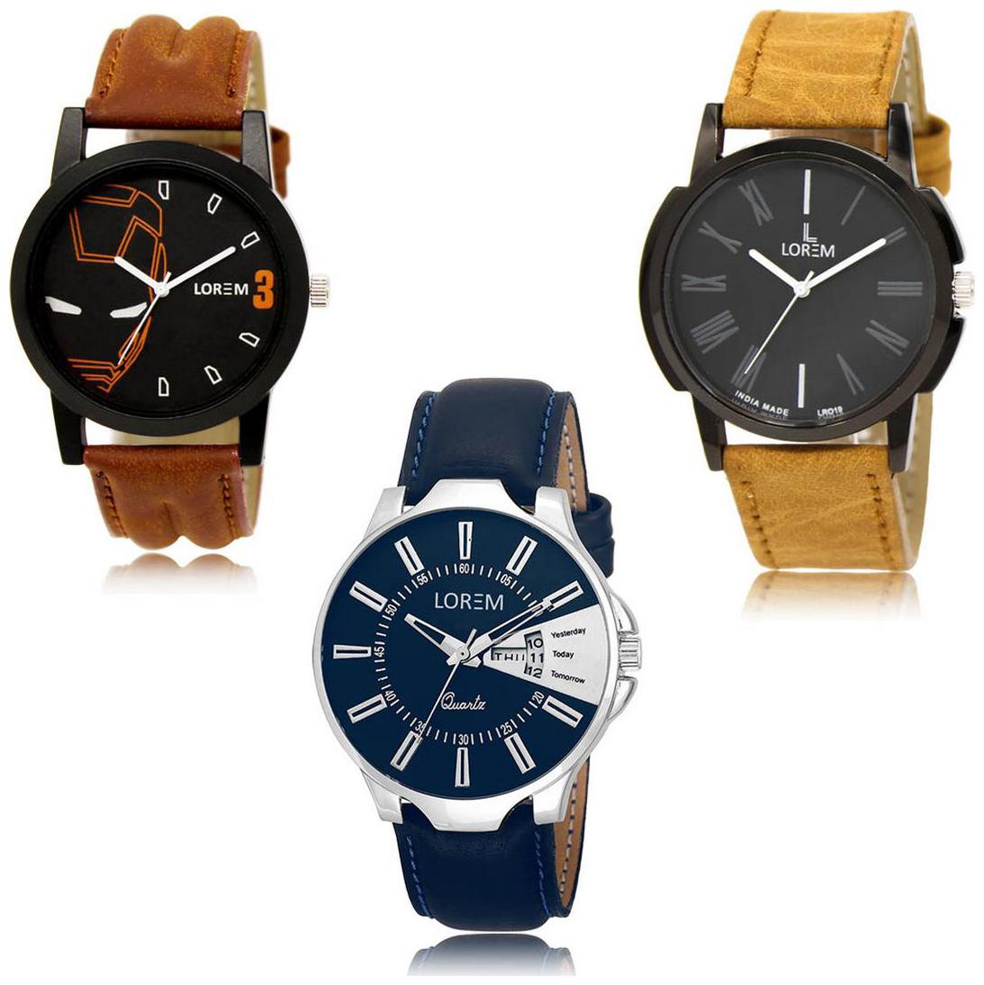 

LOREM LK-04-19-23 Day Date Function New Stylish Precious Design Pack of 3 Men watches