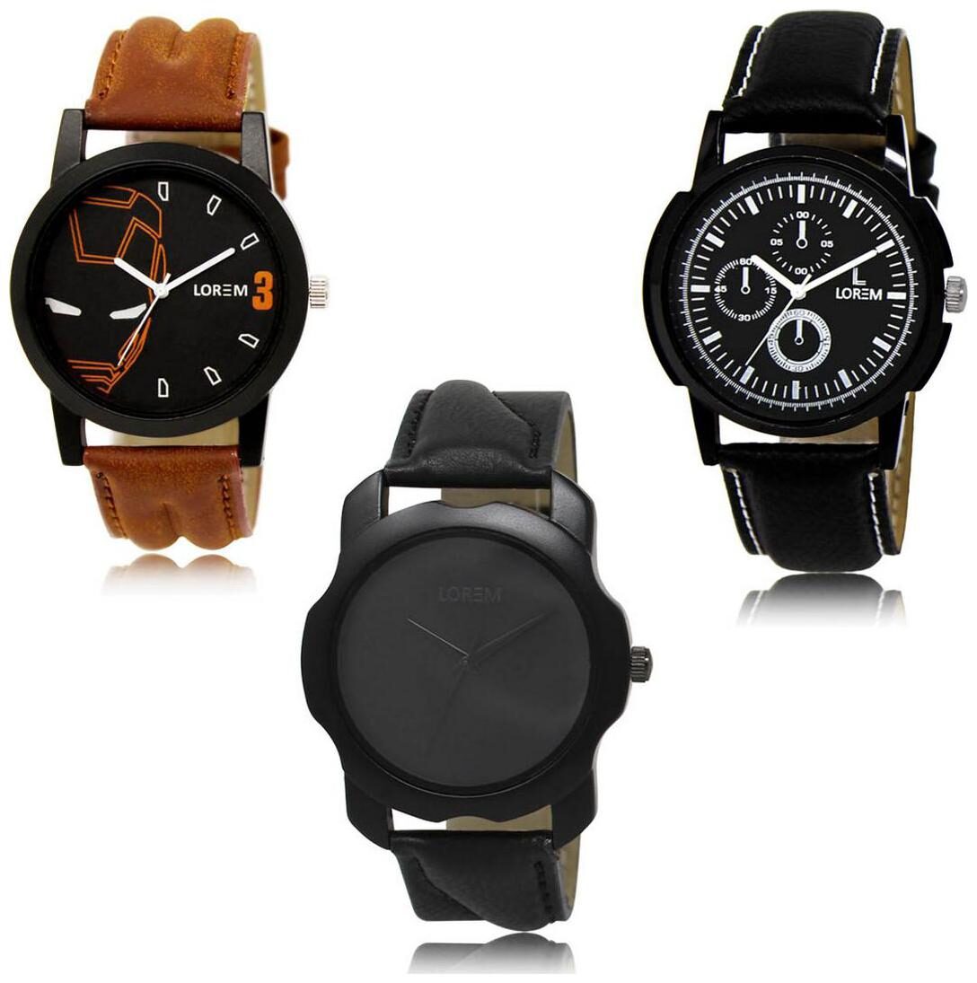 

LOREM LK-04-13-22 Black Color New Stylish Precious Design Pack of 3 Men watches