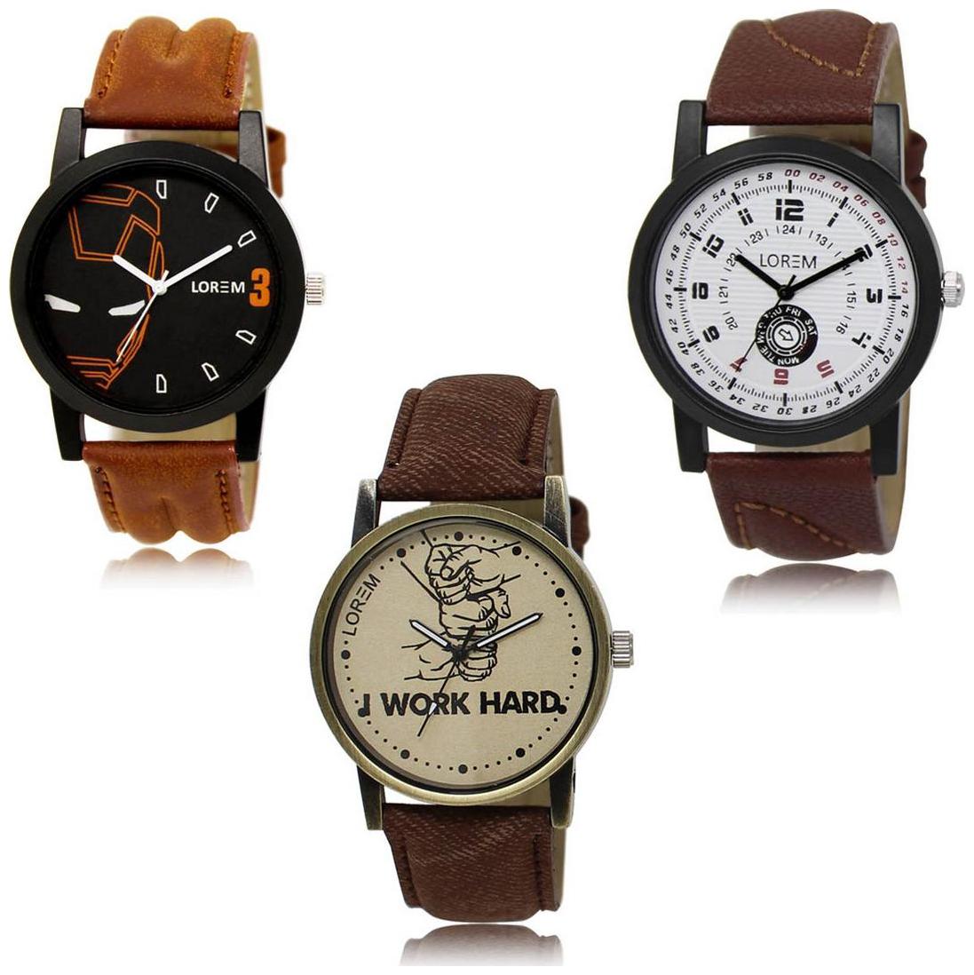 

LOREM LK-04-11-29 Brown Color New Stylish Precious Design Pack of 3 Men watches