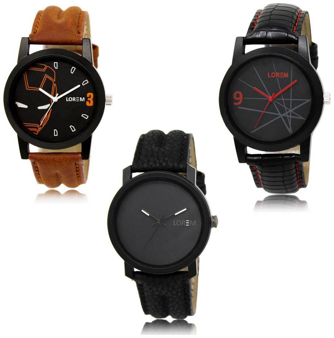 

LOREM LK-04-08-21 Black Color New Stylish Precious Design Pack of 3 Men watches