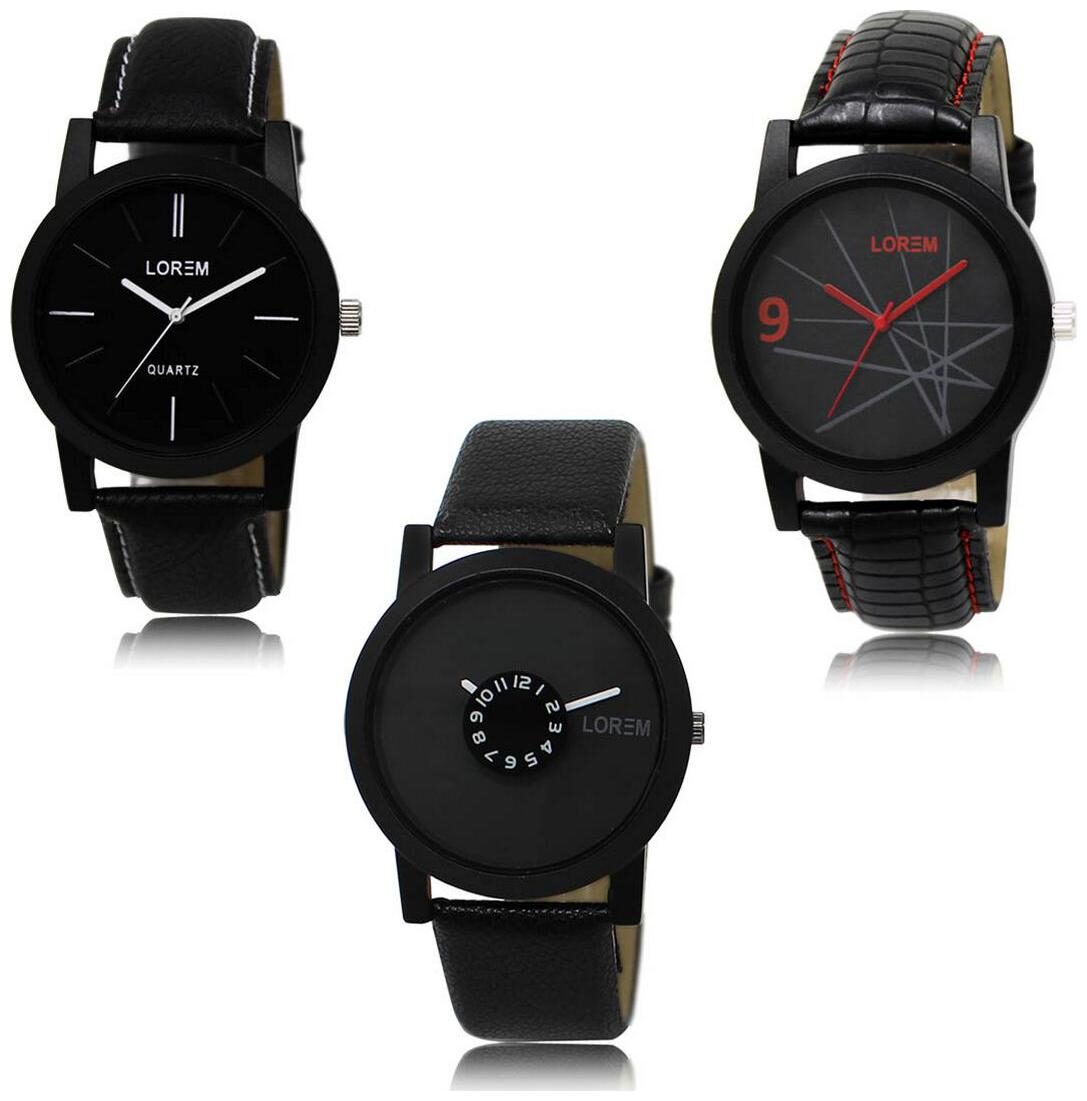 

LOREM LK-05-08-25 Black Color New Stylish Precious Design Pack of 3 Men watches